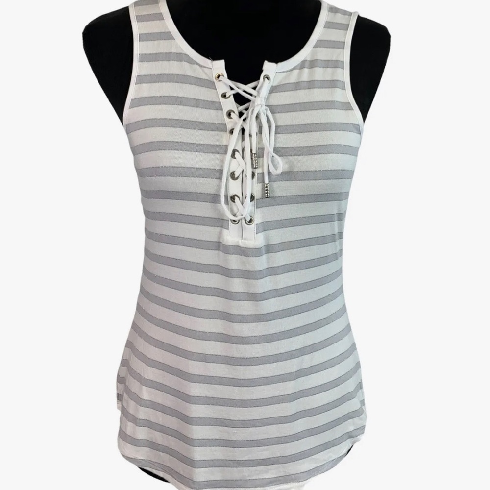 WHBM Lace-Up Tank with white and grey stripes and sparkly accent lines